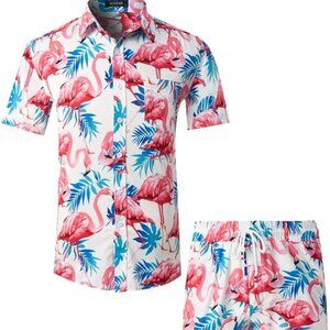 Medium MCEDAR Men's Hawaiian Shirt and Shorts -  2 Piece Flamingo